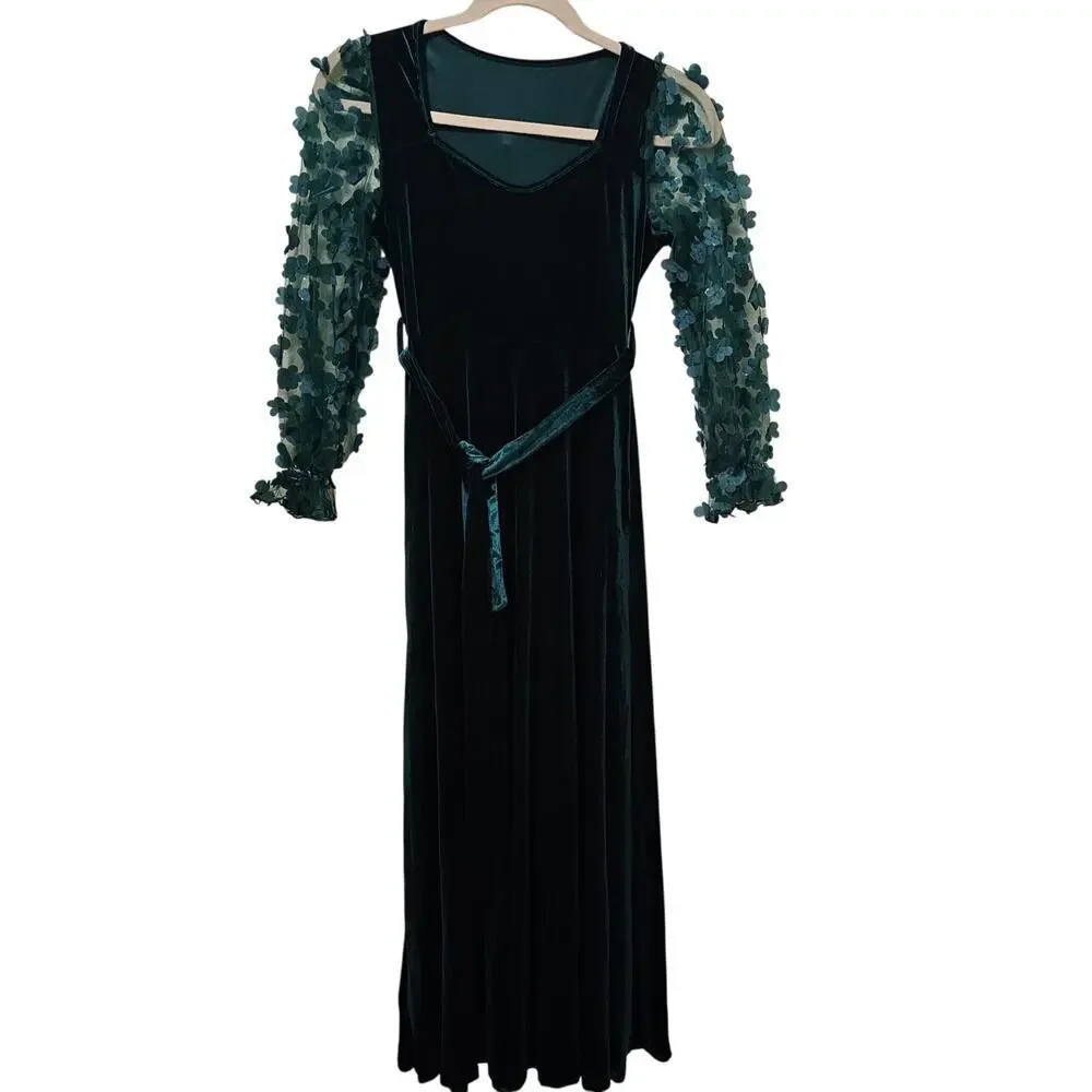 Velvet Holiday Maxi‎ L Dress Forest Green. 3D sheer floral Sleeve. Events Party